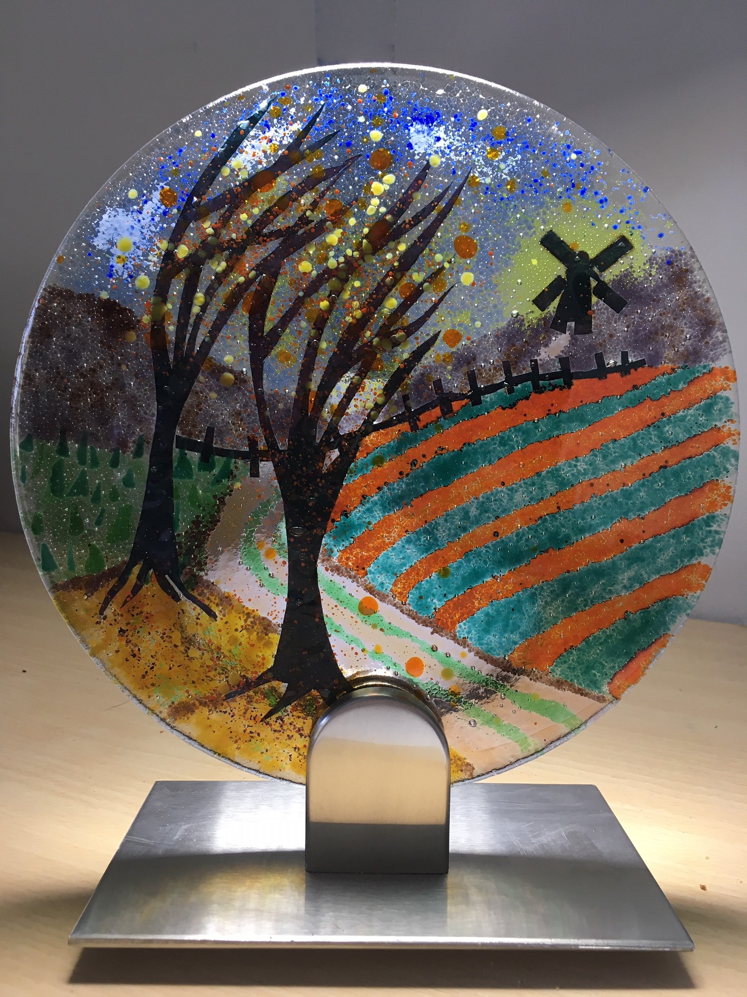 Autumn Trees and Windmill Fused Glass