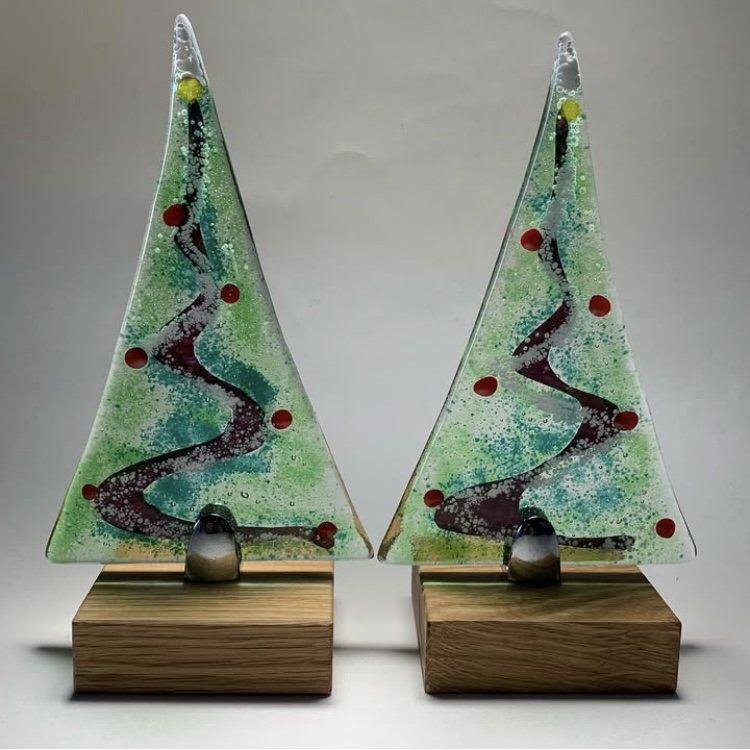 Fused Glass Christmas Tree on Wooden Stand